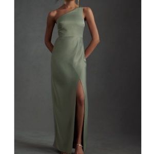 Anthropologie / BHLDN Dylan Charmeuse Maxi in Moss-Bridesmaid Dress One Shoulder